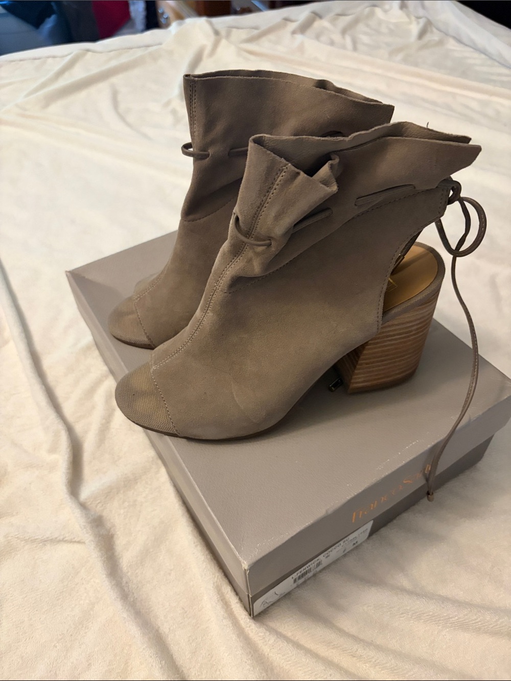 Franco Sarto Taupe Suede Open-Heel Tie-Back Sandals